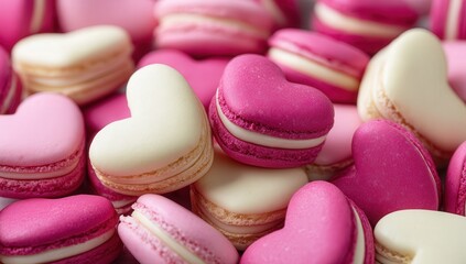 Obraz premium Heart-shaped pink and white macarons arranged in a delightful assortment.
