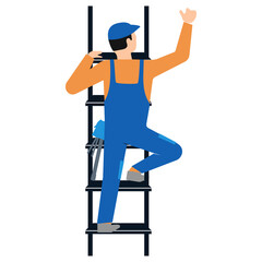 Worker in construction overalls climbs a ladder