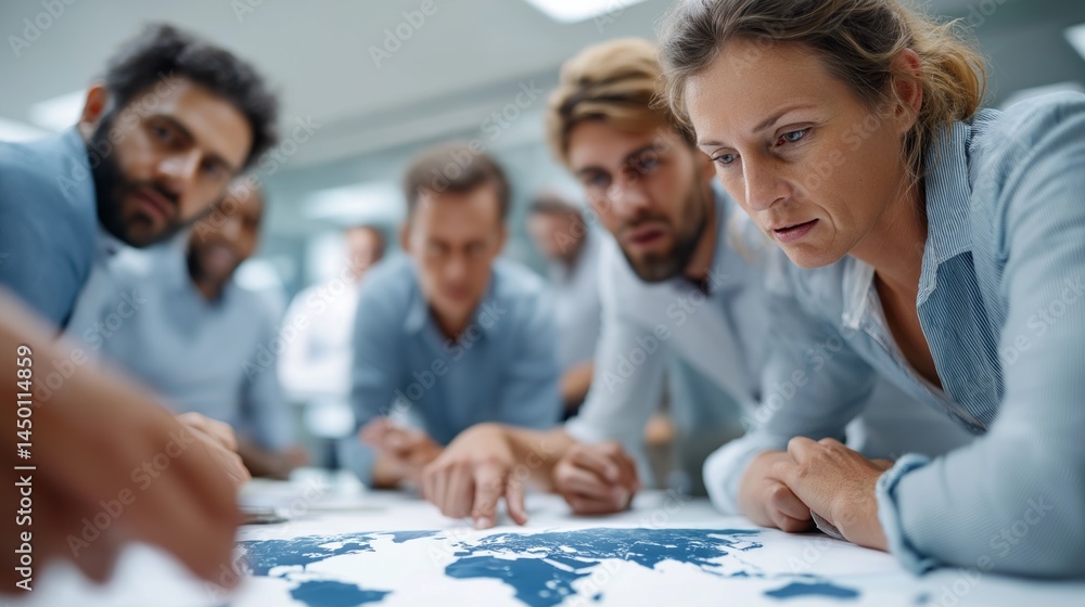 Poster business professionals gathered around a table examine a map and discuss strategies for global marke