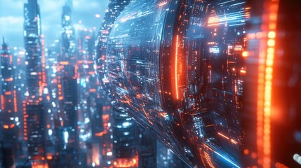 Fototapeta premium Futuristic cityscape with glowing, technological structures.