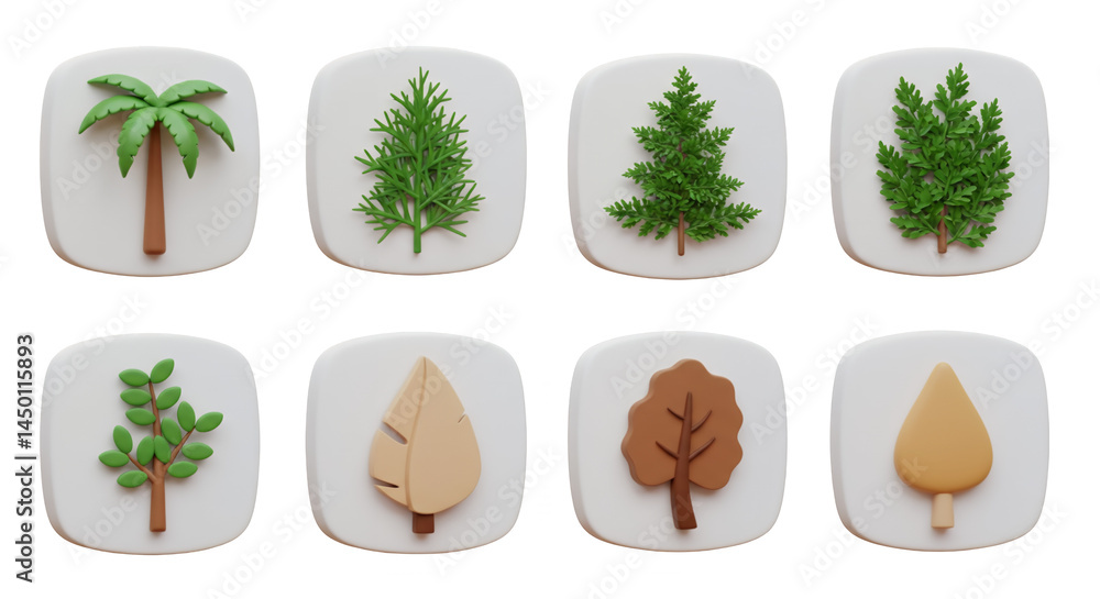 Poster collection of various tree icons in 3d rendering on white square on dark background includes palm tr