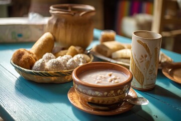 A delightful composition of a meal, showcasing soup, bread, and beautiful ceramic details.