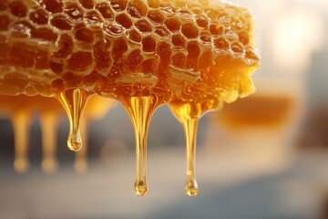 A close-up shot of golden honey dripping from a natural honeycomb structure.