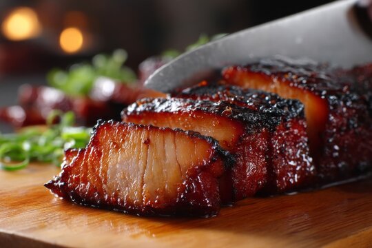 Close-up of char siu pork being sliced on a wooden board, ready to serve and enjoy.