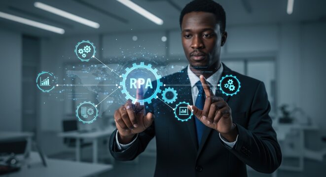 African American Businessman Interacting with RPA Technology Interface Automation Process - Powered by Adobe