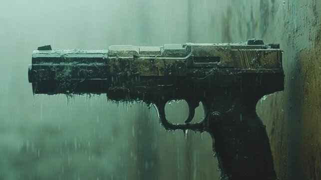 Dirty handgun in the rain