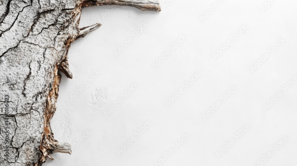 Poster minimal white background with soft brown bark texture patterns, creating a warm, organic presentatio