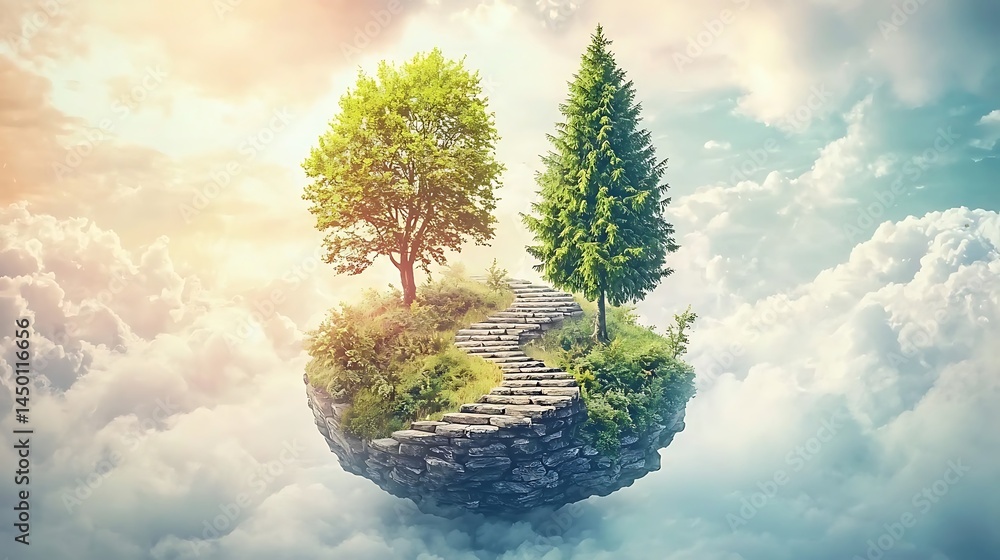 Poster floating island with steps and lush trees in a surreal sky.