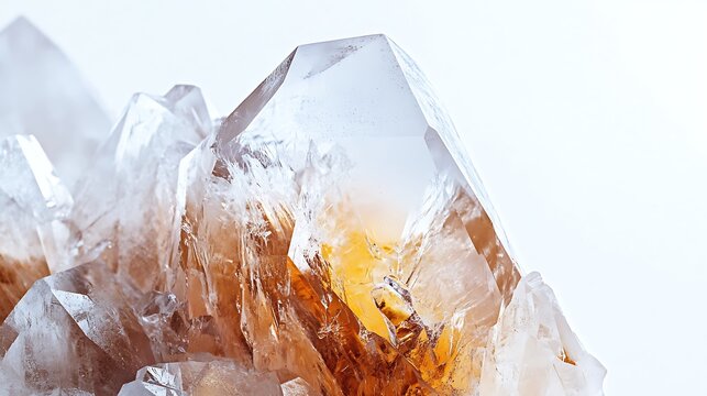 Macro image of a Lemurian crystal mineral stone with natural facets on a bright white backdrop