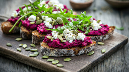 Vegan mini bruschetta with beetroot hummus, feta cheese, arugula, and pumpkin seeds on wooden board. Healthy plant-based appetizer with vibrant color.