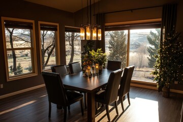 Dining Room with Country View; Sunlight; Christmas Decor; Family Gathering; Interior Design; Interior Design Photo; Spacious Kitchen-Dining Area; Winter Scenery