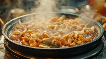 Steaming Hot Spicy Pork Dish In A Pan