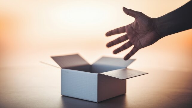 Frustrated customers review concept. A hand reaching toward an open box against a soft, warm background.