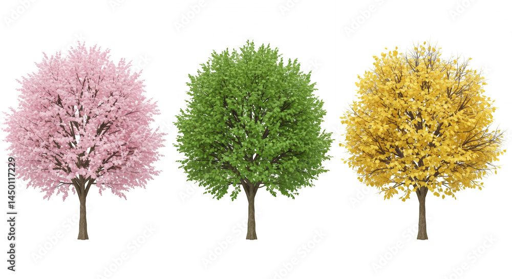 Aufkleber row of three trees displaying pink green and yellow foliage on transparent backdrop depicting spring