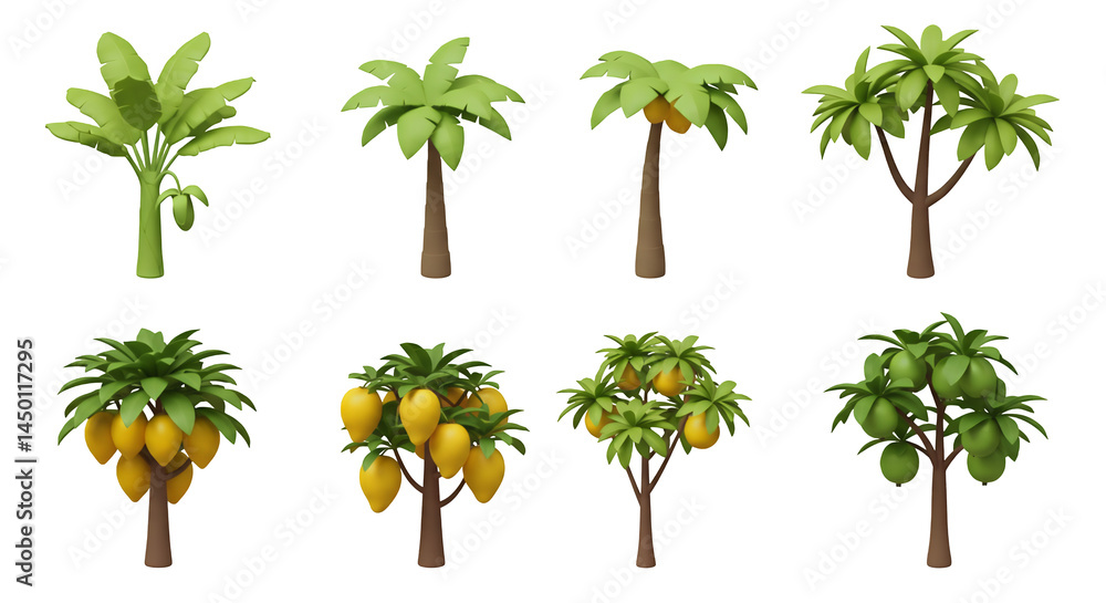 Poster tropical plant assortment isolated on transparent background with mango banana and palm trees in 3d 