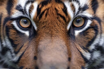 Mesmerizing intensity: close-up view of a red tiger's striking large eyes surrounded by vibrant nature