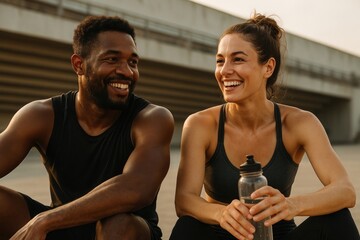 Smiling athletes resting outdoors.