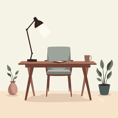 Minimalist vector office desk with lamp and plant, for backgrounds with copy space