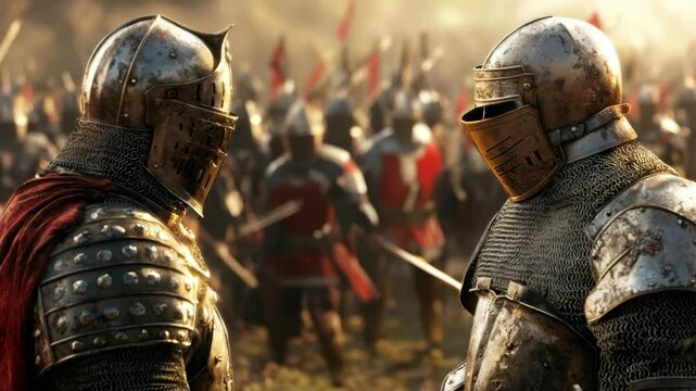 Medieval Knights in Armor Confer Before Battle Ancient Warfare Scene