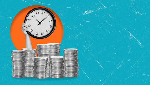 Modern art collage featuring a stack of coins and a hand with a watch on a blue background, copy space. - Powered by Adobe