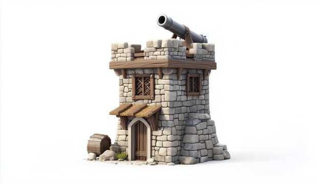 Medieval Tower With Cannon In White Background: Single Castle Design With Wooden Window And Door, Styled Stone Fortress For Game.