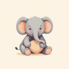 Cute Cartoon Baby Elephant Sitting on Neutral Background for Children's Products, Greeting Cards, Educational Materials, and Playful Designs