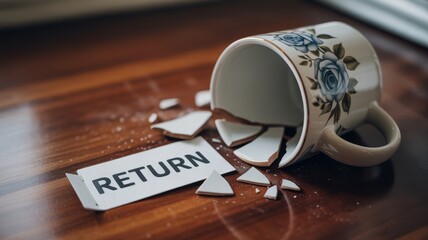 Frustrated customers review concept. A broken mug spills water and shards next to a "RETURN" tag on a wooden surface.