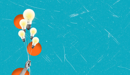 Contemporary art collage art with image of a hand and many light bulbs.