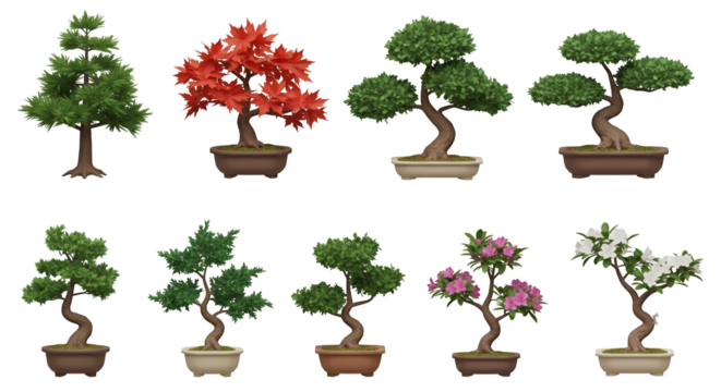 Collection of Miniature Bonsai Trees in Pots Isolated on Transparent Background Showcasing Various Styles and Colors of Green and Red Leaves