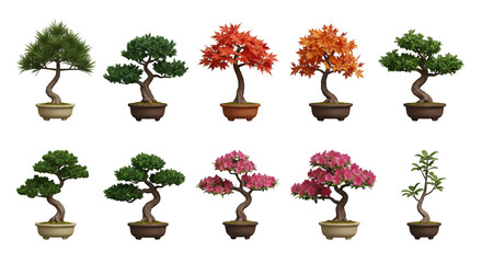 Collection of Decorative Bonsai Trees in Pots Against Transparent Background Illustration of Miniature Potted Plants in Varied Styles