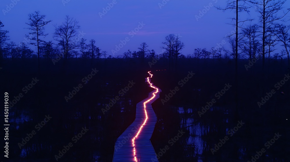 Poster a winding path illuminated by red lights in a dark marshland.