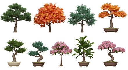 Collection of Miniature Bonsai Trees in Ceramic Pots Featuring Green Orange and Pink Leaves on a Transparent Background
