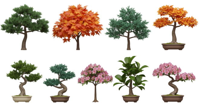 Collection of Miniature Bonsai Trees in Ceramic Pots Featuring Green Orange and Pink Leaves on a Transparent Background
