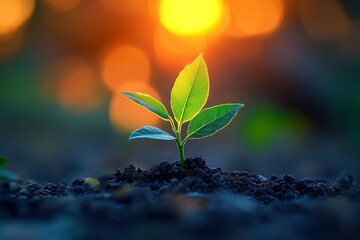 Young green plant seedling growing in soil at sunrise with vibrant bokeh background