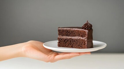 Gracefully presenting a slice of chocolate cake on a white plate against a gray backdrop, suggesting indulgence and temptation, with hints of sugar free options