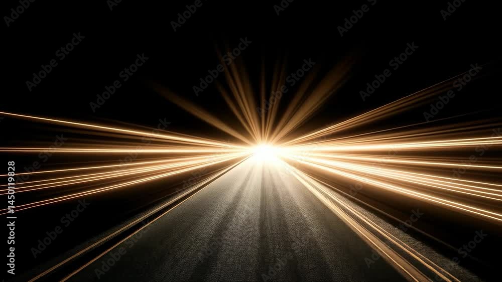 Poster Abstract rays of light shining from a central point with linear motion on a dark background creating a futuristic tunnel vision effect.