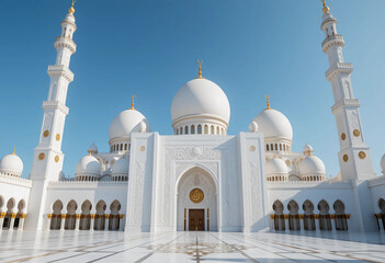 Fototapeta premium Grand White Marble Mosque with Golden Domes and Ornate Islamic Architecture in Serene Atmosphere