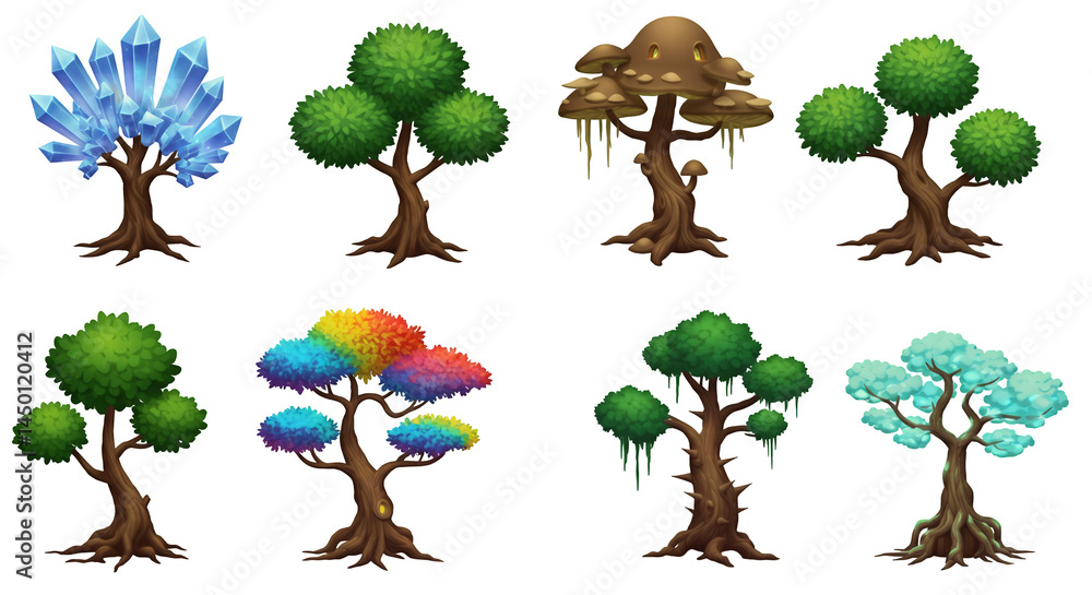 Poster pixel art assortment with crystal rainbow fantasy and mossy trees game design elements on a transpar