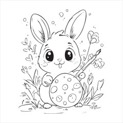 Cute bunny holding a paintbrush and Easter egg in a floral coloring page design
