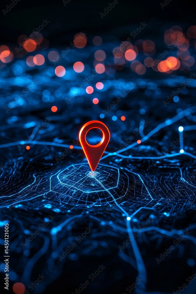 Poster digital map with a location pin against a blue background. mapping technology geographic information