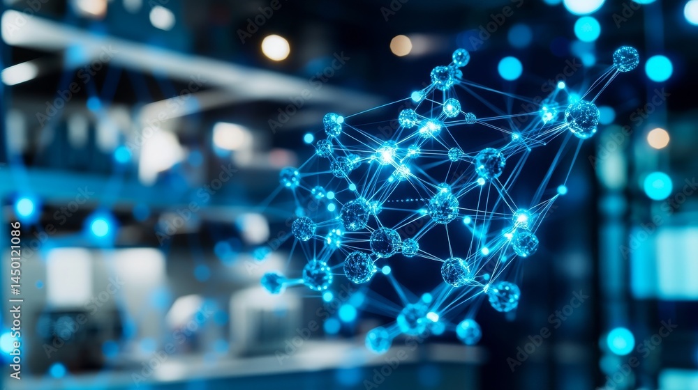 Poster abstract network connection with glowing nodes and blue background. biotechnology synthetic biology.