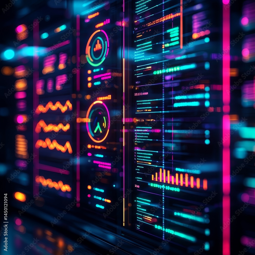 Poster futuristic data visualization with vibrant neon colors. business analytics data visualization.