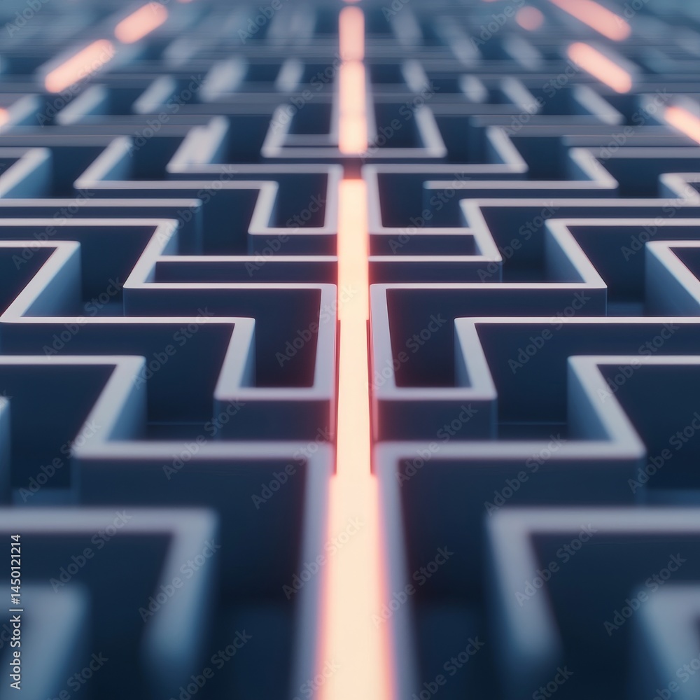 Poster abstract maze design with glowing lines in a geometric pattern. entrepreneurial mindset problem solv