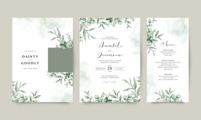 Elegant wedding invitation card template set decorated with greenery watercolor