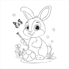 Happy bunny holding brush and painting Easter egg in spring garden coloring page