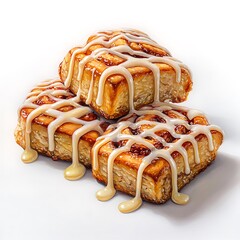 Delicious Cinnamon Rolls with Creamy Icing Drizzle. A close up image of three warm, sweet cinnamon rolls.