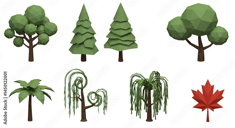Aufkleber low poly trees collection with various shapes in greens browns and red for game assets or decoration