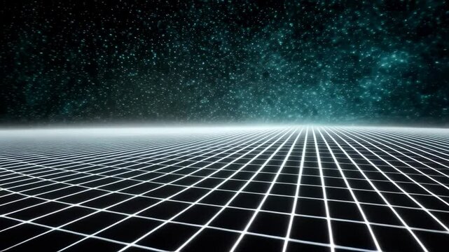 Abstract futuristic grid with glowing lines overlayed against a cosmic starfield, creating a sense of depth and a science fiction atmosphere.