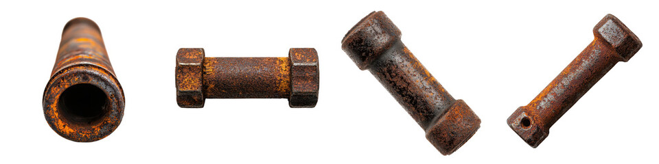 A collection of vintage, rusted metal bolts and hardware. long_title:A collection of aged, weathered metal bolts, nuts, and other industrial hardware