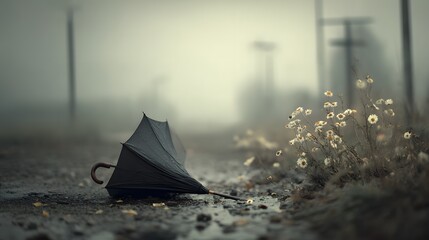 Broken Umbrella Left Behind on a Melancholic Foggy Road